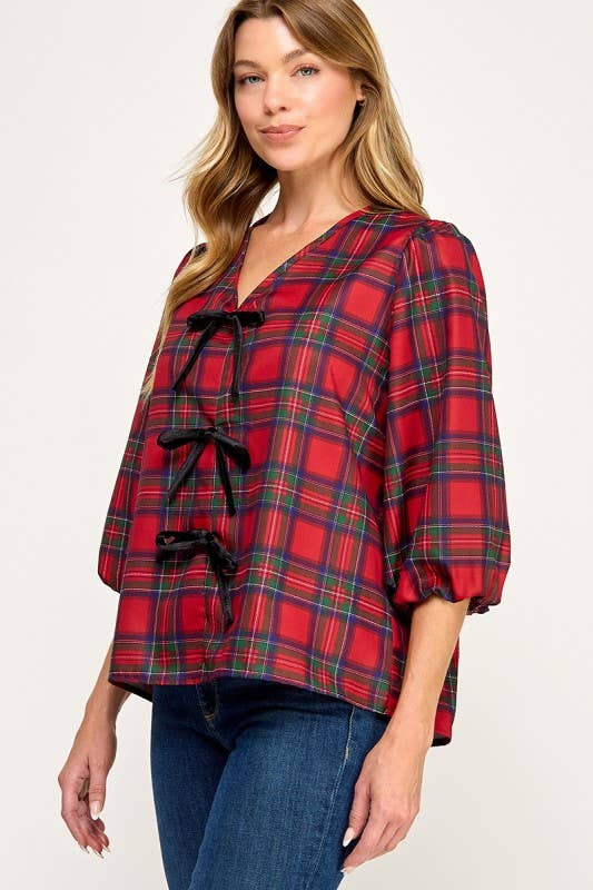 MintChoco - Wholesale Screen Printed T-Shirt - Women's - Plaid Holiday tie front blouse4