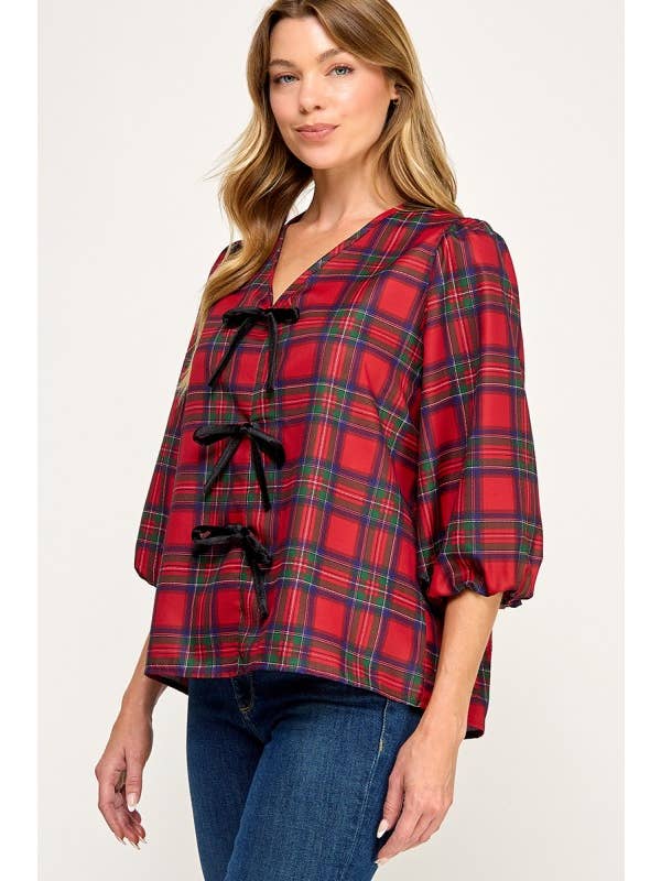 MintChoco - Wholesale Screen Printed T-Shirt - Women's - Plaid Holiday tie front blouse4