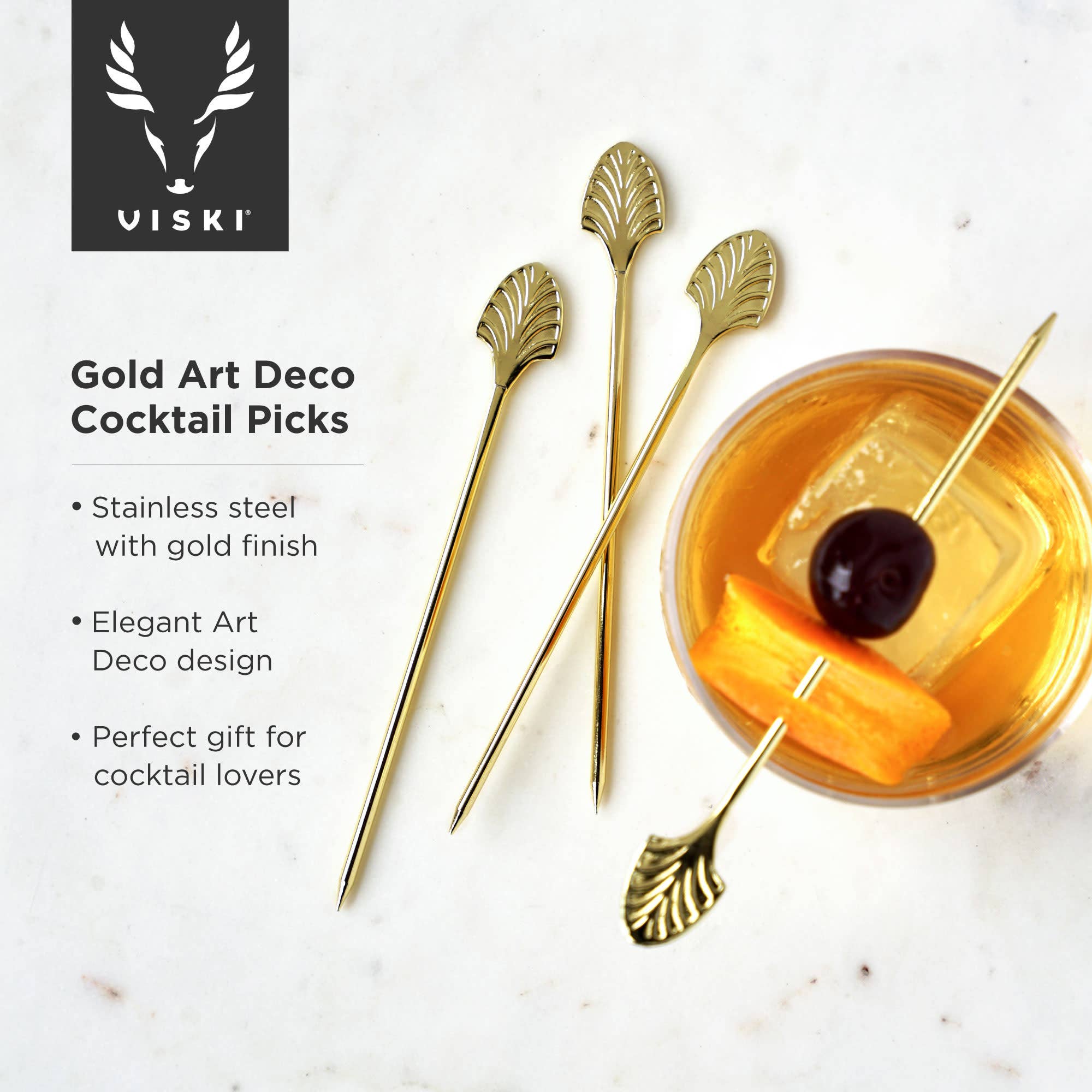 Viski - Wholesale Cocktail Pick - Art Deco Reusable Gold Plated Cocktail Picks Set of 45