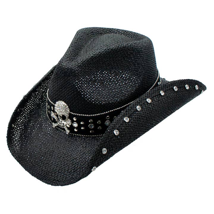 Crystal Straw 3.5 Inch Brim Skull Studded Cowboy Drifter Hat for wholesale by Peter Grimm