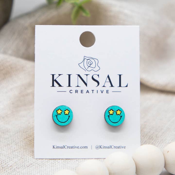 Kinsal Creative - Wholesale Stud/Post Earrings - Easter Happy Face Wood Stud Earrings