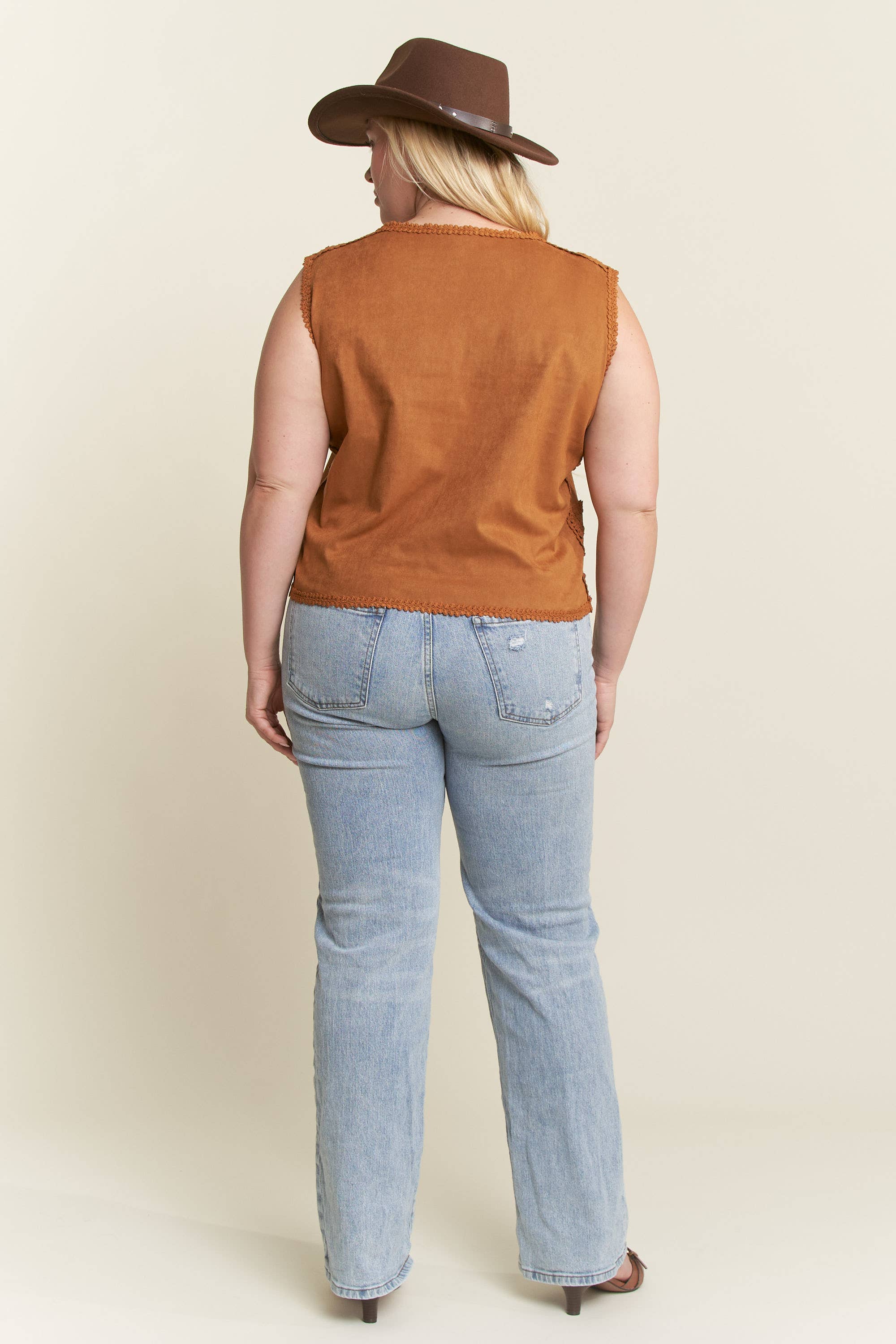 JADE BY JANE PLUS - Wholesale Outerwear Vest - Women's - PLUS SIZE SUEDE VEST WITH LACE TRIM2