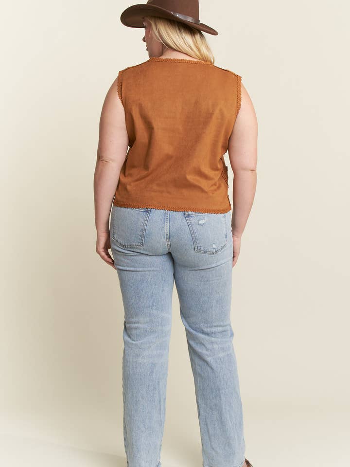 JADE BY JANE PLUS - Wholesale Outerwear Vest - Women's - PLUS SIZE SUEDE VEST WITH LACE TRIM2