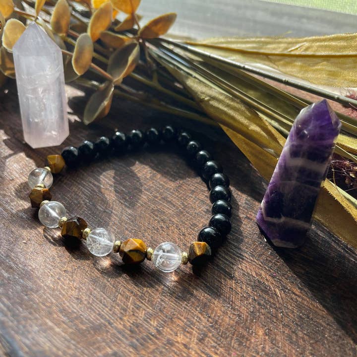 Tiger's Eye and Clear Quartz Dark Royal Series Crystal Beaded Bracelet for wholesale by PetrichorKC