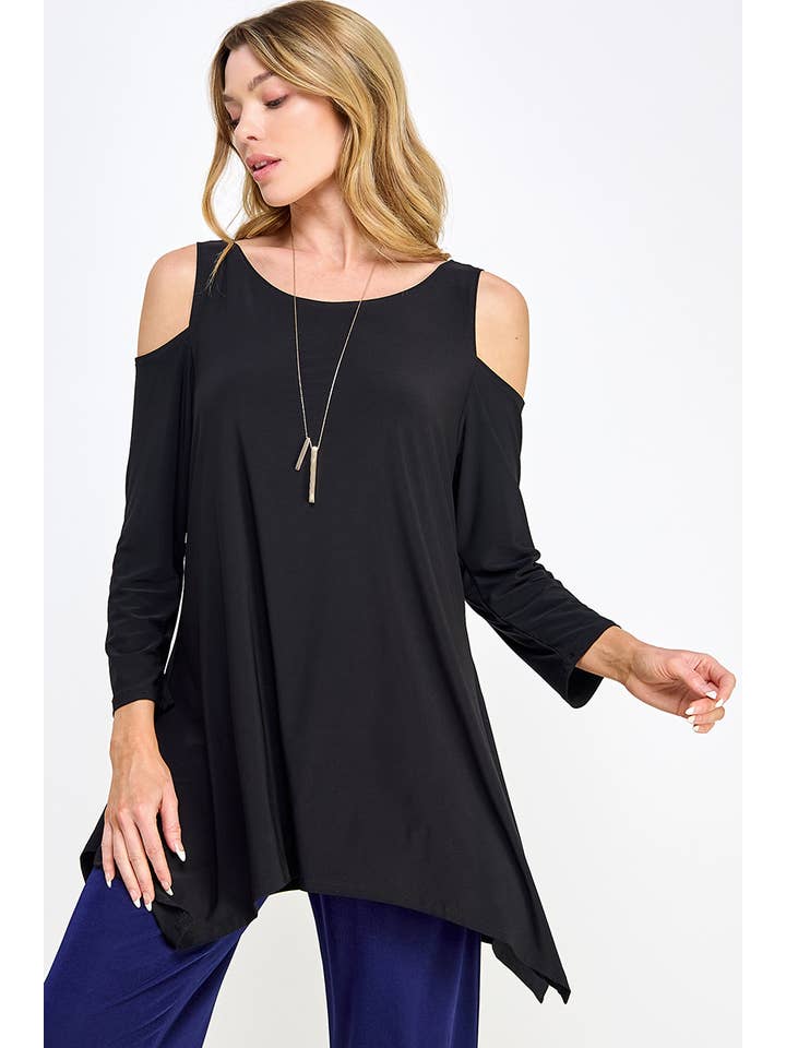 Jostar - Wholesale Tunic - Women's - Black cold shoulder sharkbite top-393HT-QRS1