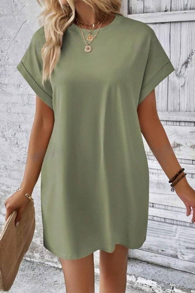 UNISHE - Wholesale Dress - Women's - Plain Fold Cuff Pockets Round Neck T-Shirt Dress ZK133313