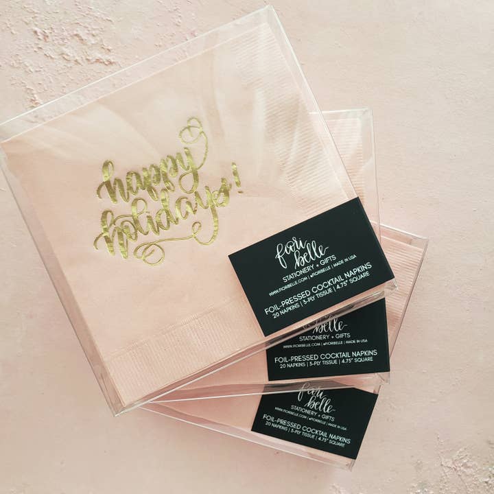 FioriBelle - Wholesale Disposable Napkin - Gold Foil Pink Christmas Napkins - Happy Holidays Napkin