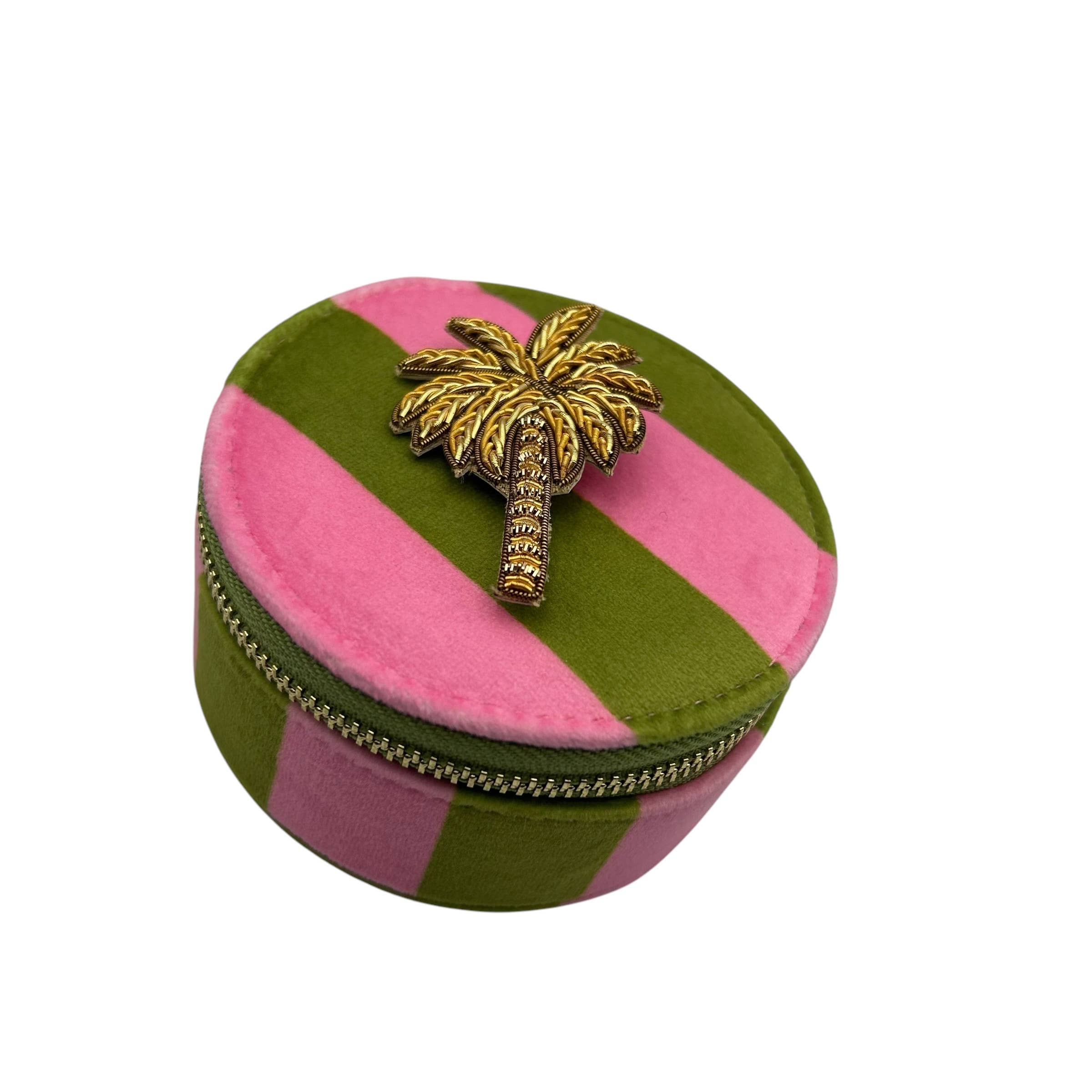 Sixton London – wholesale Jewellery box/organiser – Jewellery Travel Pot in chartreuse stripe - Palm Tree brooch1