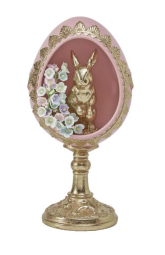 Dunn Deals - Wholesale Decorative Tabletop Object - 8" Pink Pedestal Egg with Gold Bunny Inside0