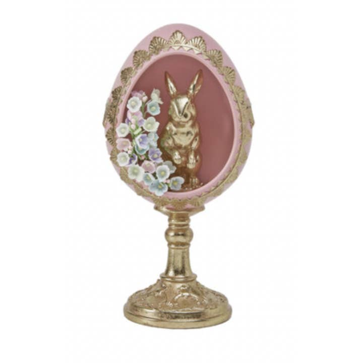 Dunn Deals – wholesale Decorative tabletop object – 8" Pink Pedestal Egg with Gold Bunny Inside