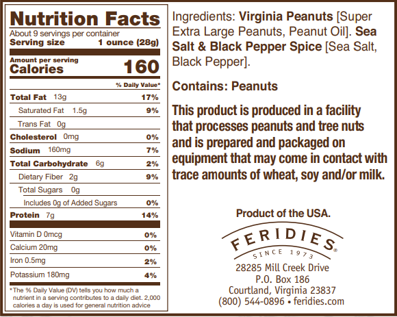 FERIDIES - Wholesale Nuts - 9 oz. Sea Salt & Black Pepper Virginia Peanuts1