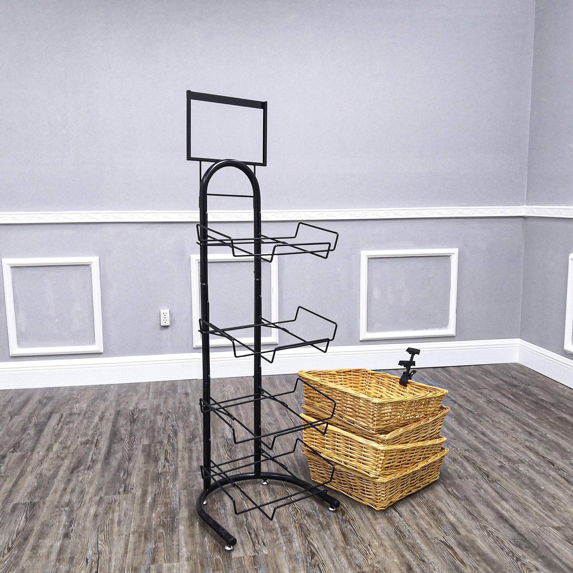 FIXTUREDISPLAYS - Wholesale Retailer Display Stand/Case - 4 Tier Basket Stand, Sign Clips, Wicker - Black 120006-NEW4
