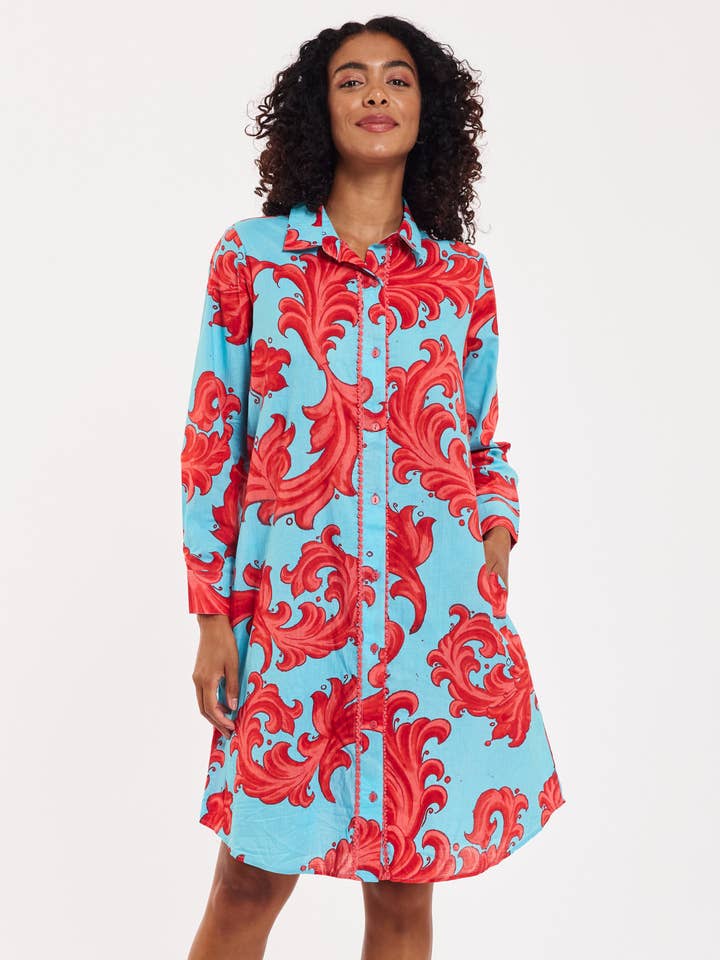 Carlotta Midi Shirt Dress Baroque Swirl Blue Red Spring for wholesale by ModaPosa
