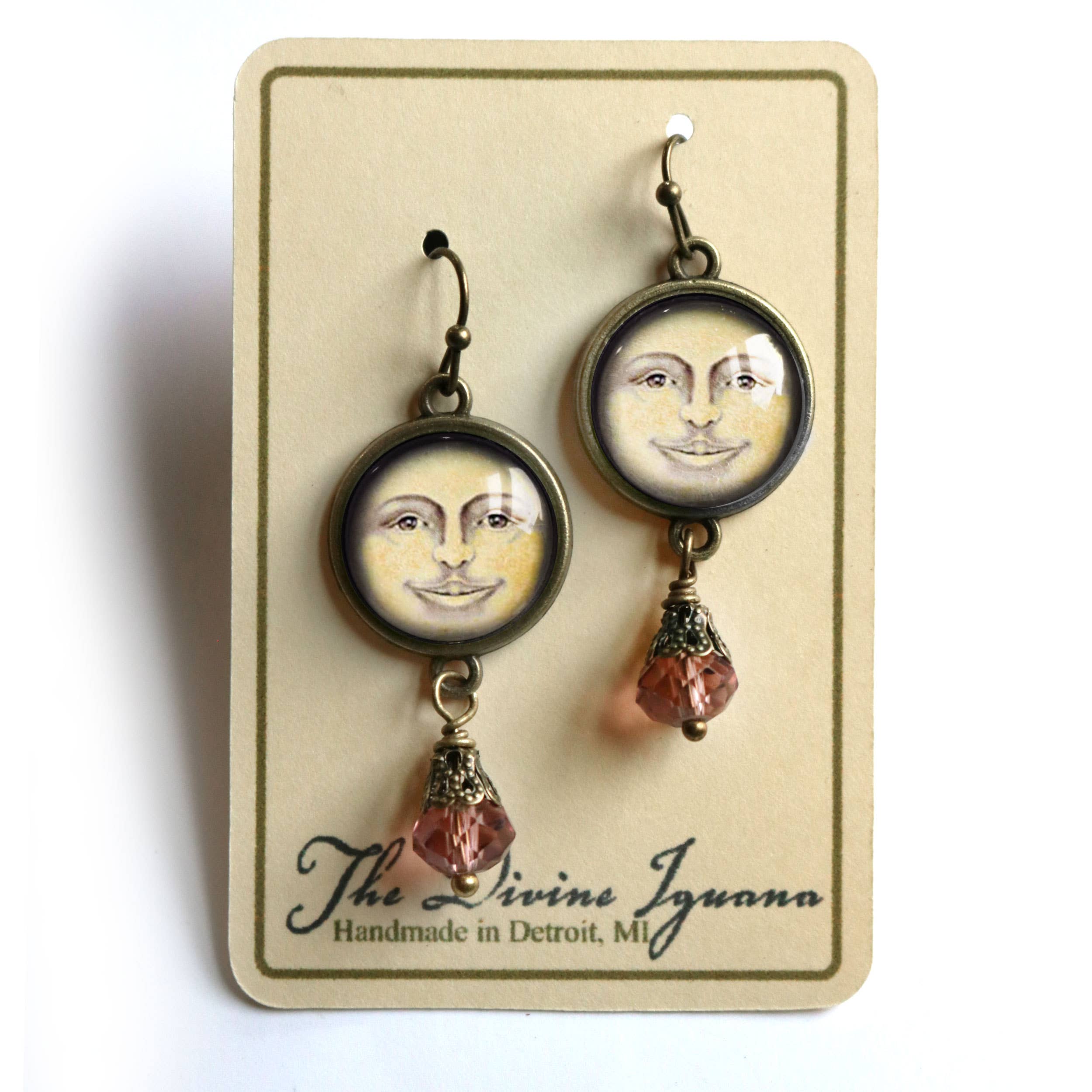 The Divine Iguana - Wholesale Dangle Earrings - Victorian Man in the Moon Glass Cabochon and Bronze Earrings1