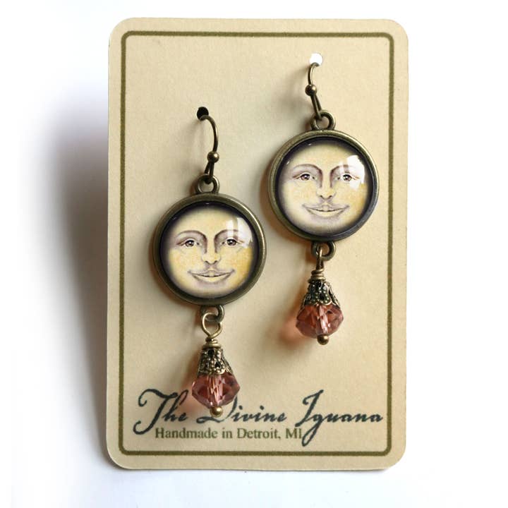 The Divine Iguana - Wholesale Dangle Earrings - Victorian Man in the Moon Glass Cabochon and Bronze Earrings1