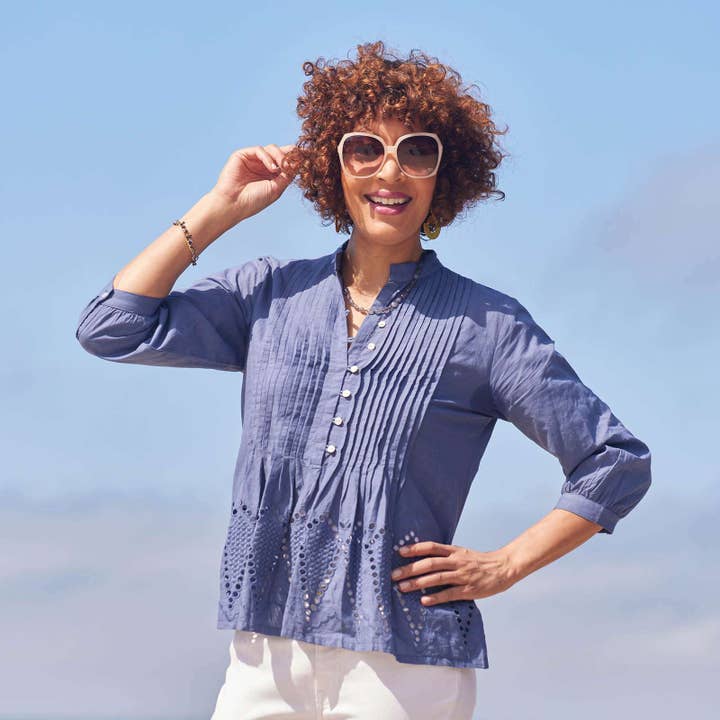 rockflowerpaper - Wholesale Tunic - Women's - Blue Pintuck Tunic With Eyelet Hem
