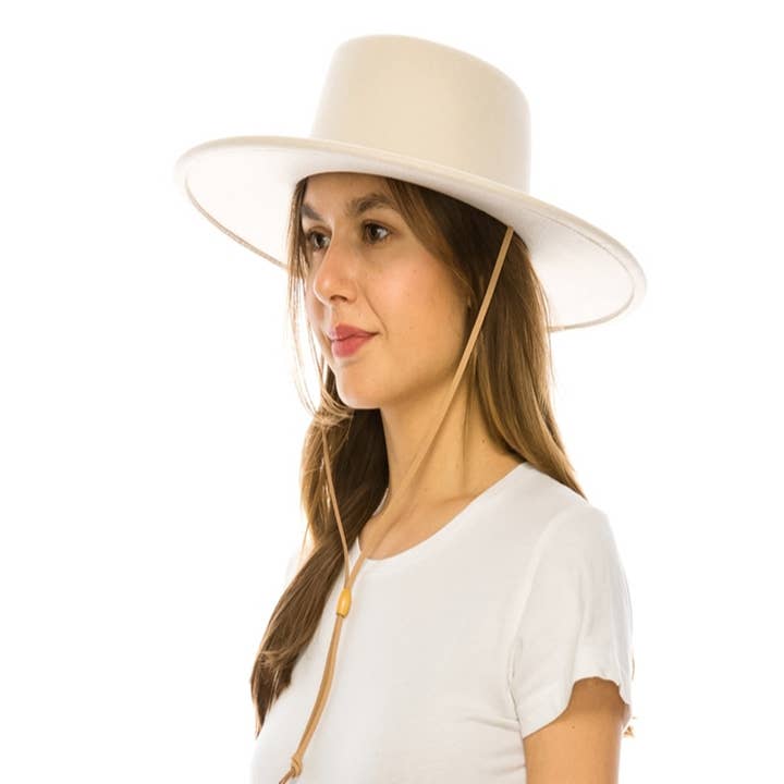 Wide brim rancher hat in vegan felt with chin cord Unisex st for wholesale by Queens INC