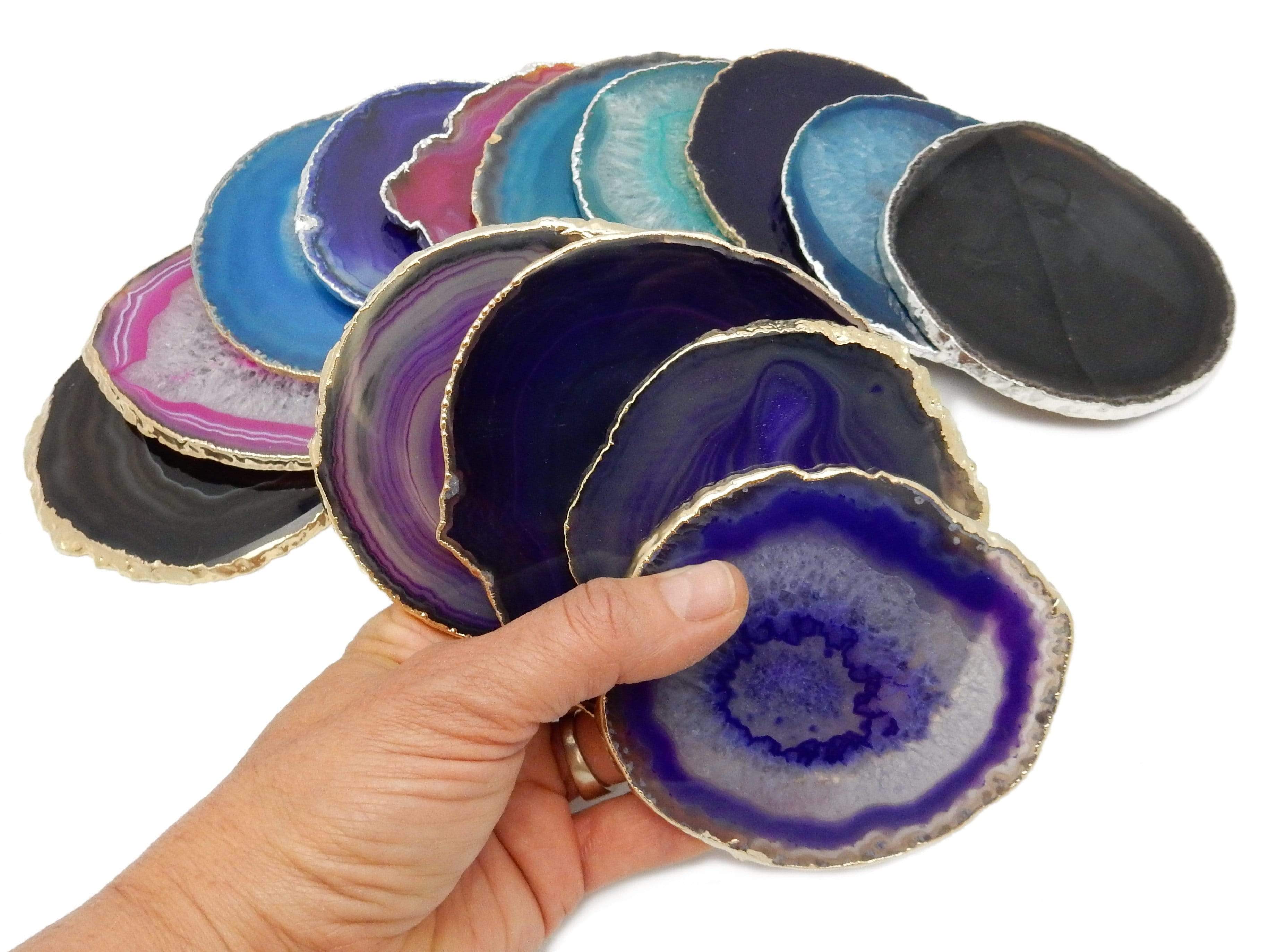 Rock Paradise - Wholesale Coasters - Set of 4 Agate Crystal Coasters Gold /Silver Electroplated 12