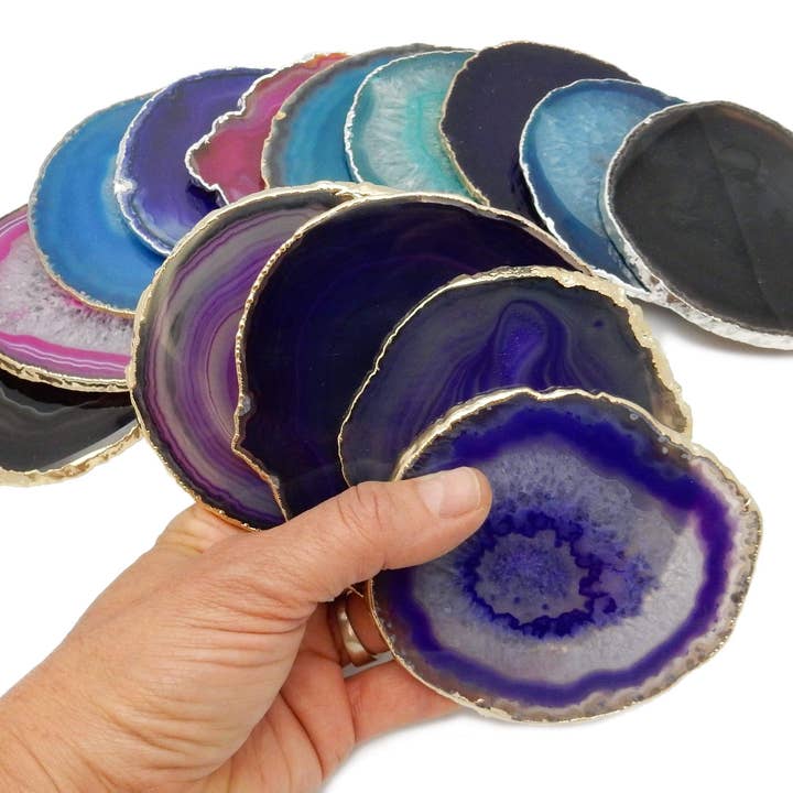 Rock Paradise - Wholesale Coasters - Set of 4 Agate Crystal Coasters Gold /Silver Electroplated 12