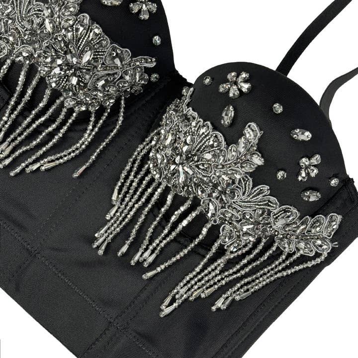 Corset à franges en strass fait main avec rembourrage pour la vente par SALINA TRADING INC