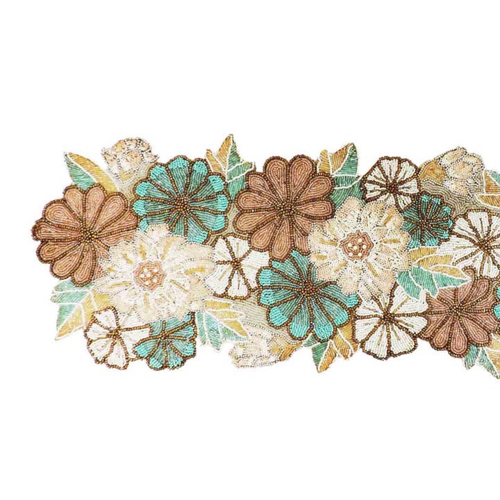 Autumn Blooms Bead Embroidered Table Runner in Teal & Grey for wholesale by Trunkin'