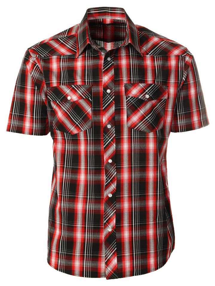 b-one inc - Wholesale Buttoned-down shirt – Men's - Men's Pearl Snap Button Down Plaid Short Sleeve Western Shirt6