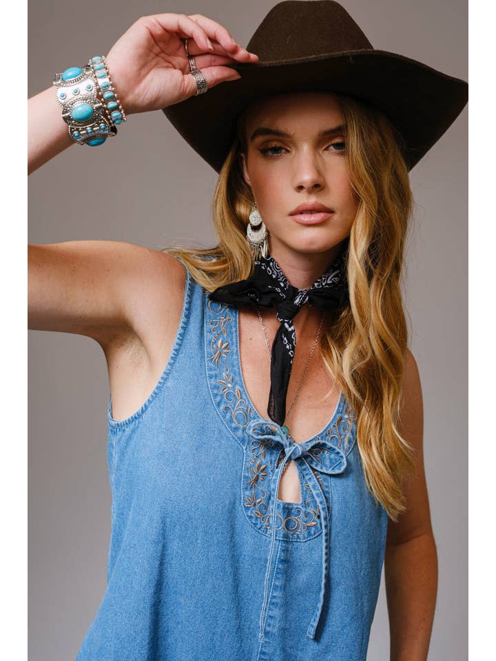 LIGHT WASH 23250R - Tie Front Embroidered Denim Romper for wholesale on Faire2