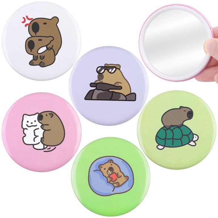 CapyFun - Wholesale Compact Mirror - Cute Capybara Mini Round Mirror Set - 5 Various Designs