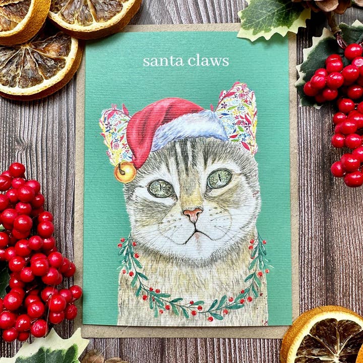 Santa Paws Cat Christmas Eco Friendly Art Card cute blank for wholesale by Jen Winnett Eco Artist