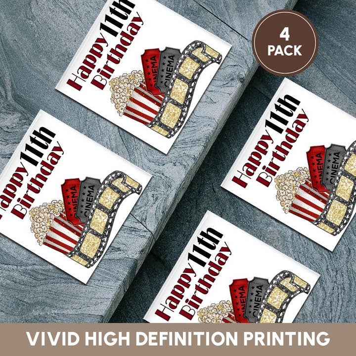 3dRose - Wholesale Coasters - 3dRose, Cute Movie Cinema Themed Happy 11th Birthday, Coaster5