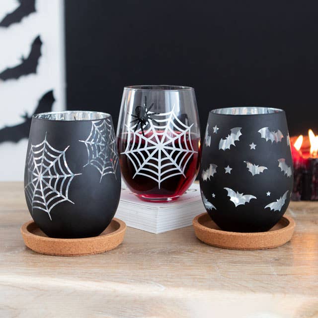 Something Different Wholesale - Wholesale Wine Glass - Set of 2 Gothic Spider and Web Stemless Wine Glasses