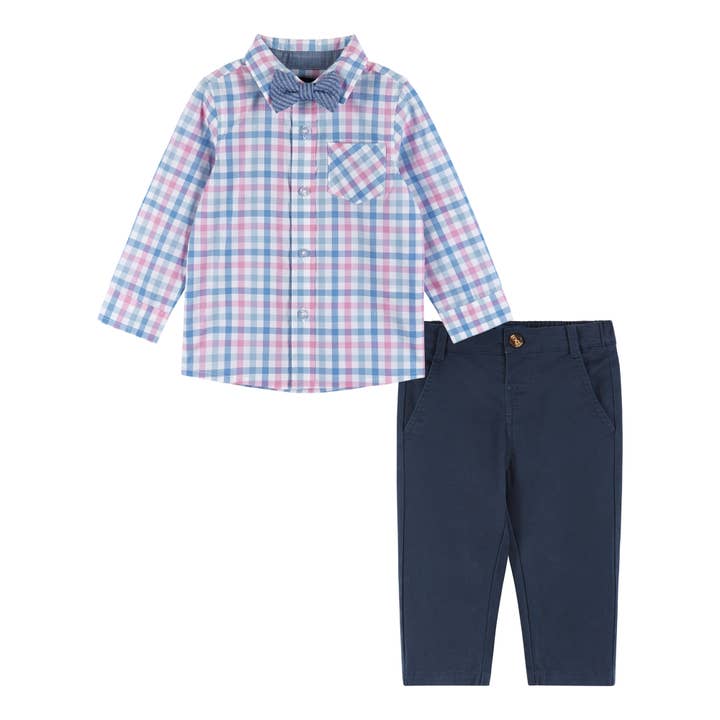 Boys Baby Plaid Set - Includes Blue Seersucker Bowtie for wholesale by Andy & Evan
