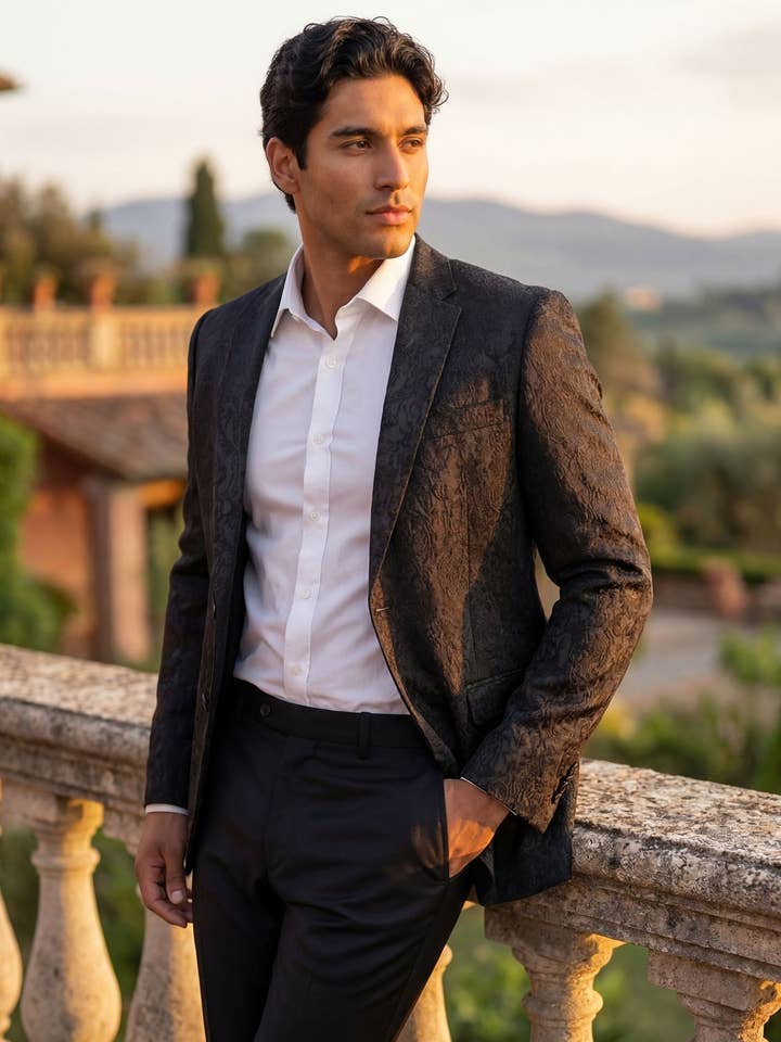 Blazer Casual Masculino com Lapela de Entalhe e Bordado Floral 5BL23 por atacado de BARABAS