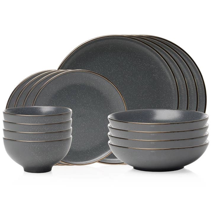 Godinger - Wholesale Dinnerware Set - Beaumont Grey Gold Rim 16 Piece Dinnerware Set