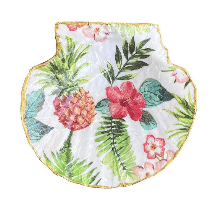 Pineapple hibiscus seashell jewelry or soap dish. 4” for wholesale by Two Seas Arts LLC