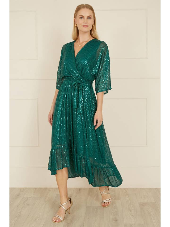 Yumi Green Sequin Kimono Midi Wrap Dress for wholesale on Faire6