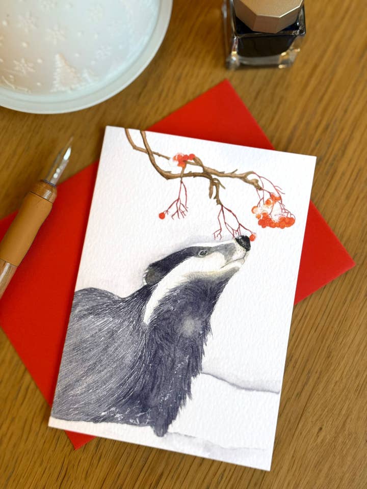 Badger foraging for winter berries for wholesale by Bozena Allison Studio