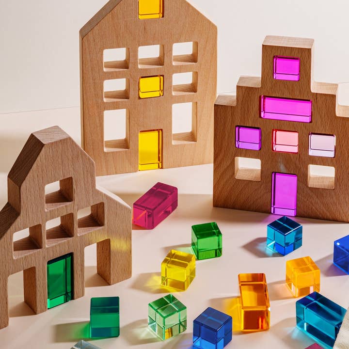 Veelkleurig Riley City houten bouwblokken en lucite stenen set voor groothandel op Faire10