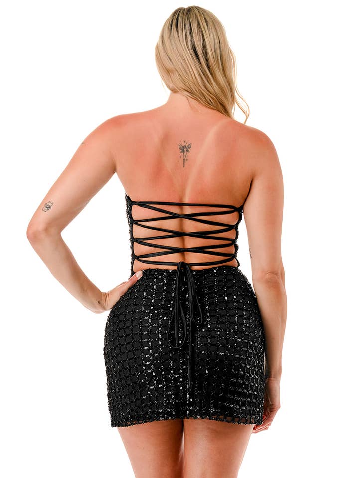 Lovesome - Wholesale Dress - Women's - CD30345: STRAPLESS BEADED LACE UP MINI DRESS7