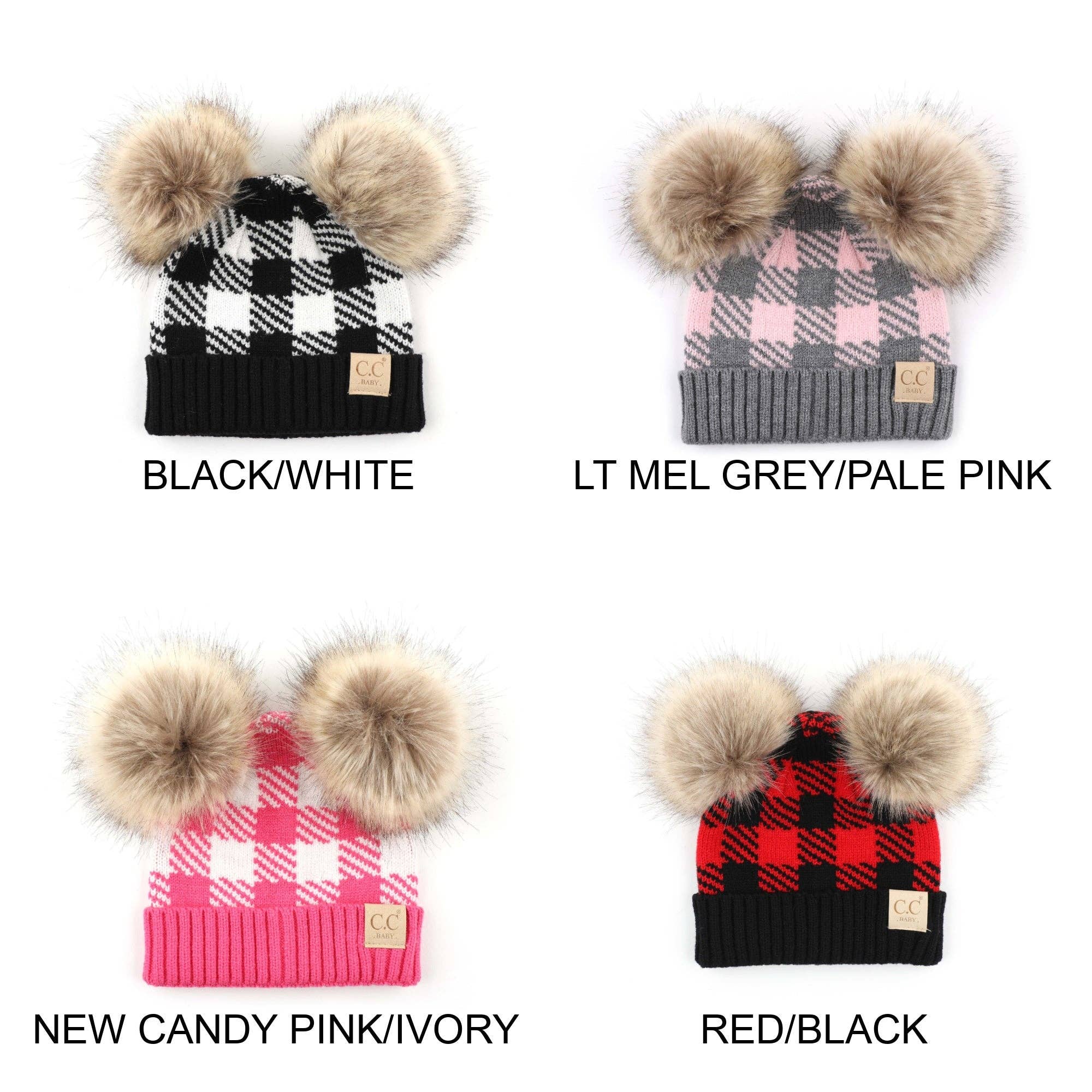 Truly Contagious – Engroshandel Beanie - Børn – CC Baby Buffalo Plaid Dobbelt Pom hue (BABY-25-POMPOM)3