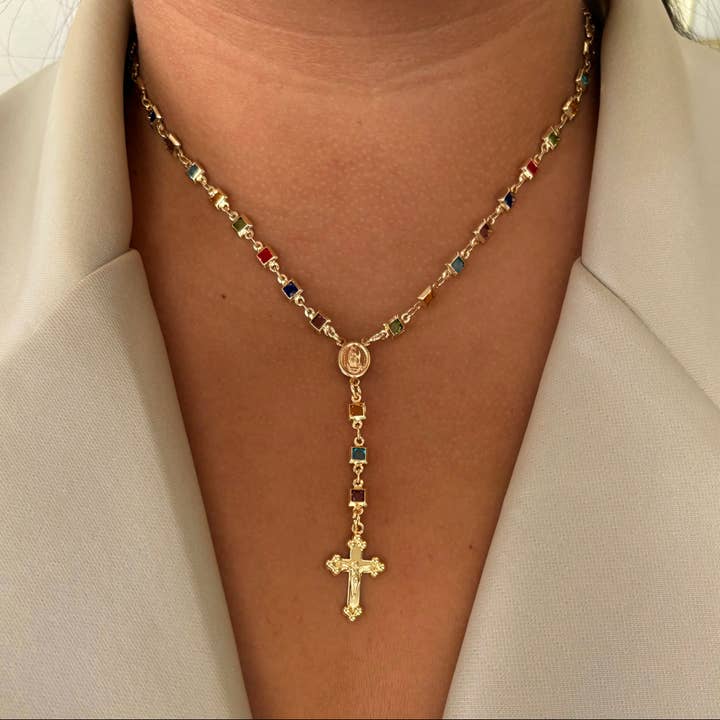 Multicolor Square Rosary Necklace for wholesale by B Jewels By Brit