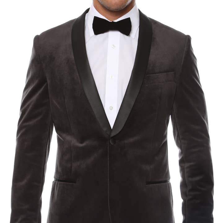 Enzo Grå Slim Fit Sammet Sjal Krage Smoking Blazer för wholesale av Ferrecci