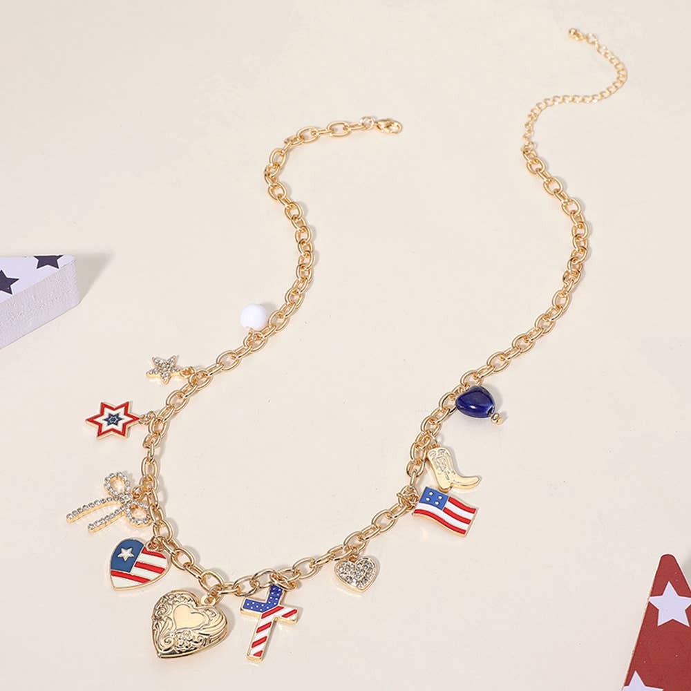 Sensibling Corp. - Wholesale Pendant/Charm Necklace - Enamel American USA Flag Heart Cross Star Bow Charm Necklace1