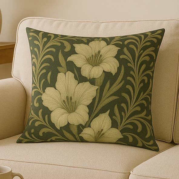 Green Botanical Gladiolus Throw Pillow, William Morris Style for wholesale by Upside Down Owl Farm