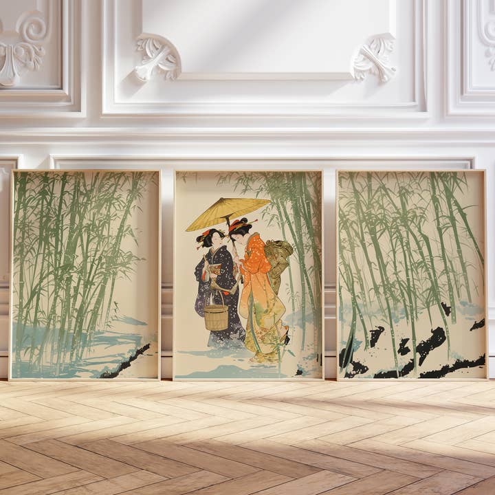 Japanese Ukiyo-E Inspired Triptych, Edo Period Bamboo Set pour la vente par IuliiaArtPrints