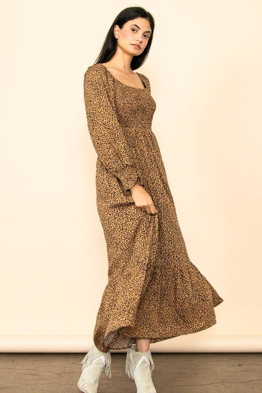 Elloh Collection - Wholesale Dress - Women's - Flowy Leopard Print Square Neck Smocked Maxi Dress w Pockets10