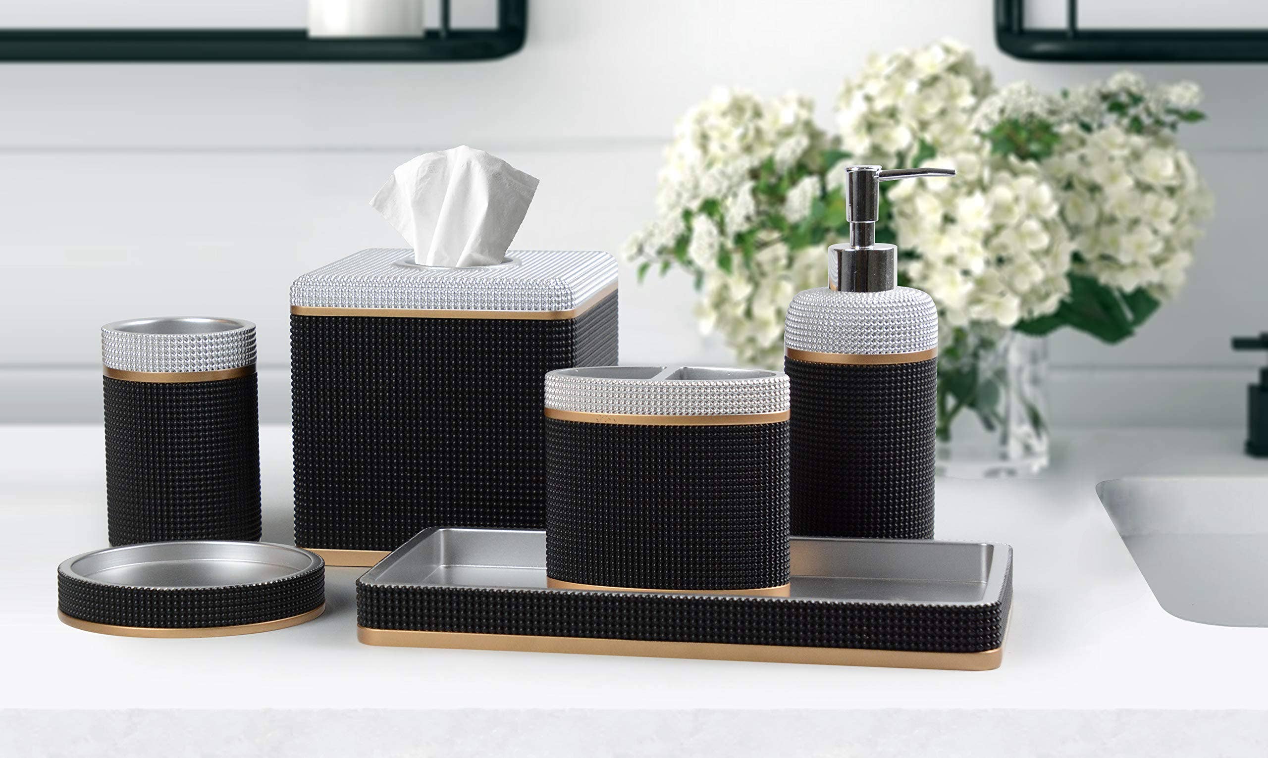6 Piece Gold Black Poly Resin Bathroom Accessory Set for wholesale on Faire6