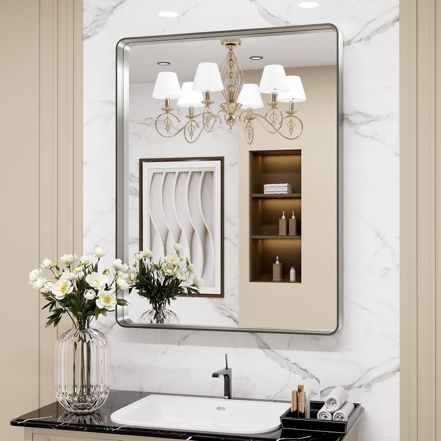 24 By 30 Inch Brushed Nickel Wall Mounted Bathroom Mirror Hangs Horizontally Or Vertically for wholesale on Faire3