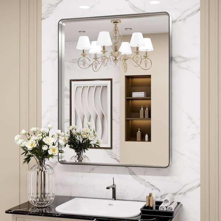 24 By 30 Inch Brushed Nickel Wall Mounted Bathroom Mirror Hangs Horizontally Or Vertically for wholesale on Faire3