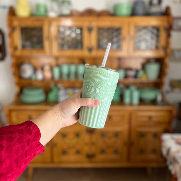 Mami24Seven - Wholesale Insulated Mug/Tumbler - Jadeite Amelie Sunflower Pattern Coffee Tumbler